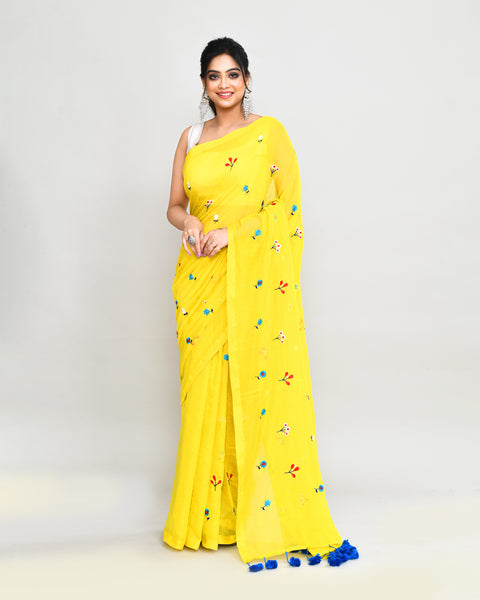 Piyari Fashion Women's Lemon Exclusive Embroidery Saree With Tassels