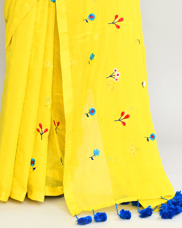 Piyari Fashion Women's Lemon Exclusive Embroidery Saree With Tassels