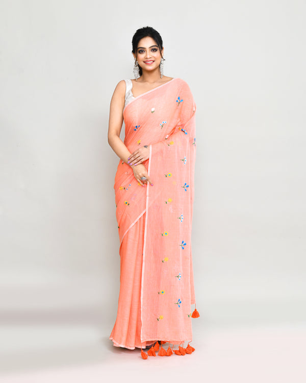 Piyari Fashion Women's Salmon Exclusive Embroidery Saree With Tassels