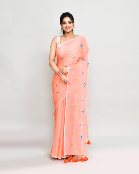 Piyari Fashion Women's Salmon Exclusive Embroidery Saree With Tassels