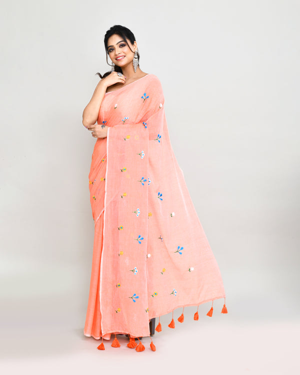 Piyari Fashion Women's Salmon Exclusive Embroidery Saree With Tassels