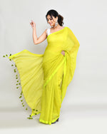Thumbnail for Piyari Fashion Woven's Lime Mulmul Cotton Saree With Tassels