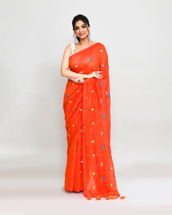 Piyari Fashion Women's Orange Red Dual Tone Exclusive Embroidery Saree With Tassels