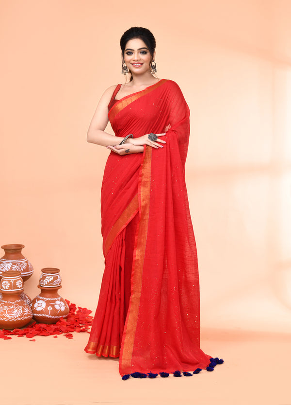 Piyari Fashion Women`s Cotton Handloom Red Sequin Saree With Blouse