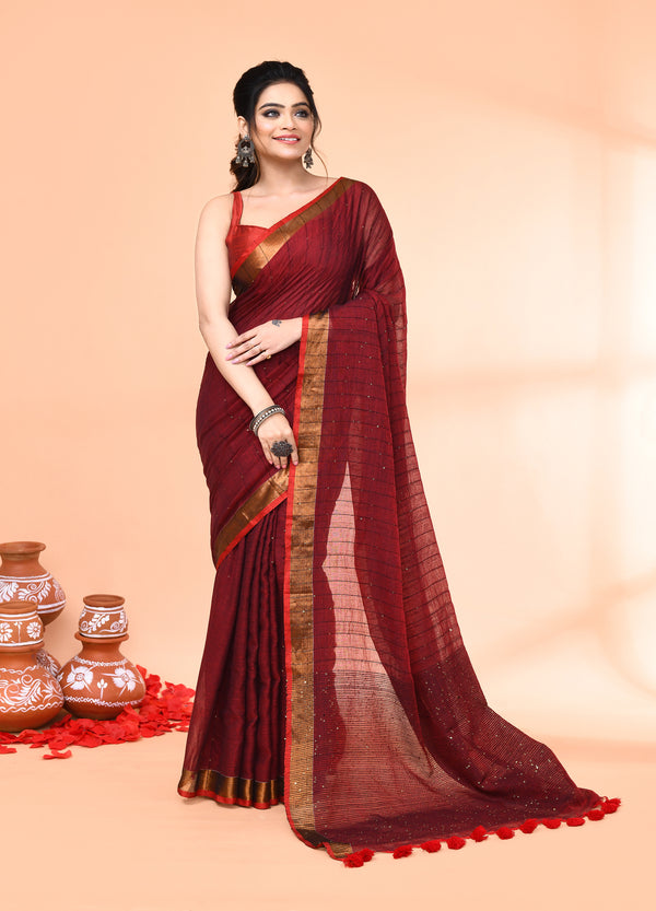 Piyari Fashion Women`s Cotton Handloom Maroon Sequin Saree With Blouse