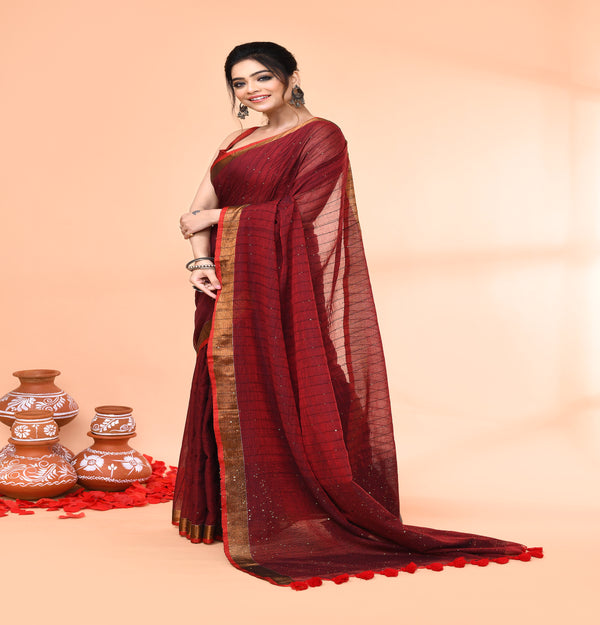 Piyari Fashion Women`s Cotton Handloom Maroon Sequin Saree With Blouse