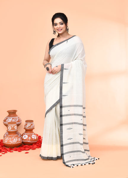 Piyari Fashion Women`s Off White Mul Cotton Handloom Jamdani Saree With Blouse