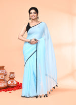 Thumbnail for Piyari Fashion Aqua Blue Mulmul Cotton Saree With Tassels