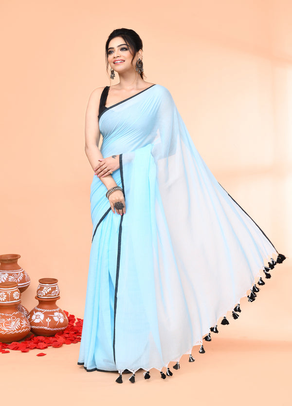 Piyari Fashion Aqua Blue Mulmul Cotton Saree With Tassels