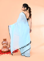Thumbnail for Piyari Fashion Aqua Blue Mulmul Cotton Saree With Tassels