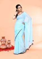 Thumbnail for Piyari Fashion Aqua Blue Mulmul Cotton Saree With Tassels