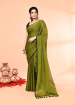 Thumbnail for Piyari Fashion Olive Mulmul Cotton Saree With Tassels