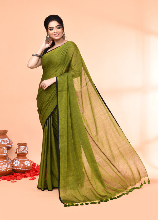 Piyari Fashion Olive Mulmul Cotton Saree With Tassels