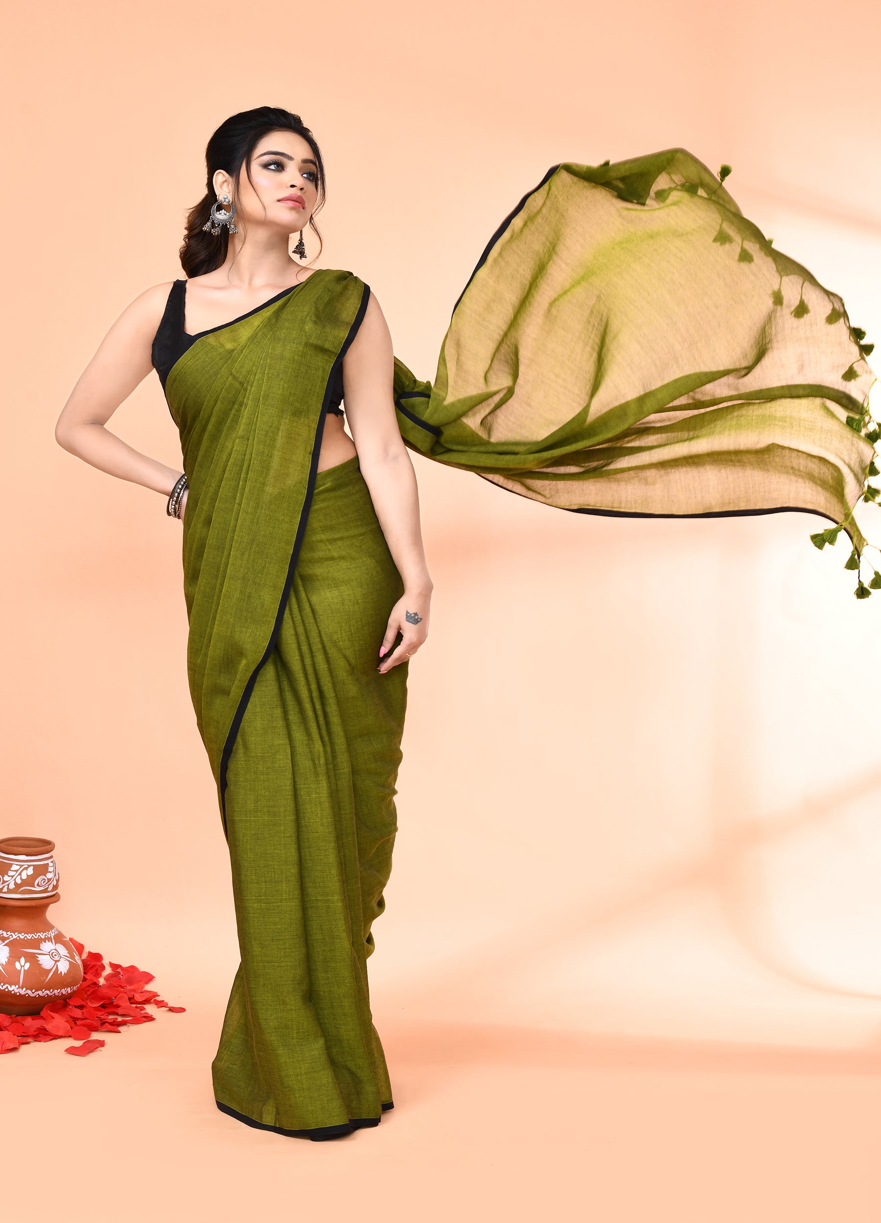 Piyari Fashion Olive Mulmul Cotton Saree With Tassels