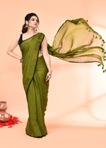 Thumbnail for Piyari Fashion Olive Mulmul Cotton Saree With Tassels