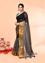 Thumbnail for Piyari Fashion Women`s Black Cotton Handloom Saree With Gold Silver Zari Stripes