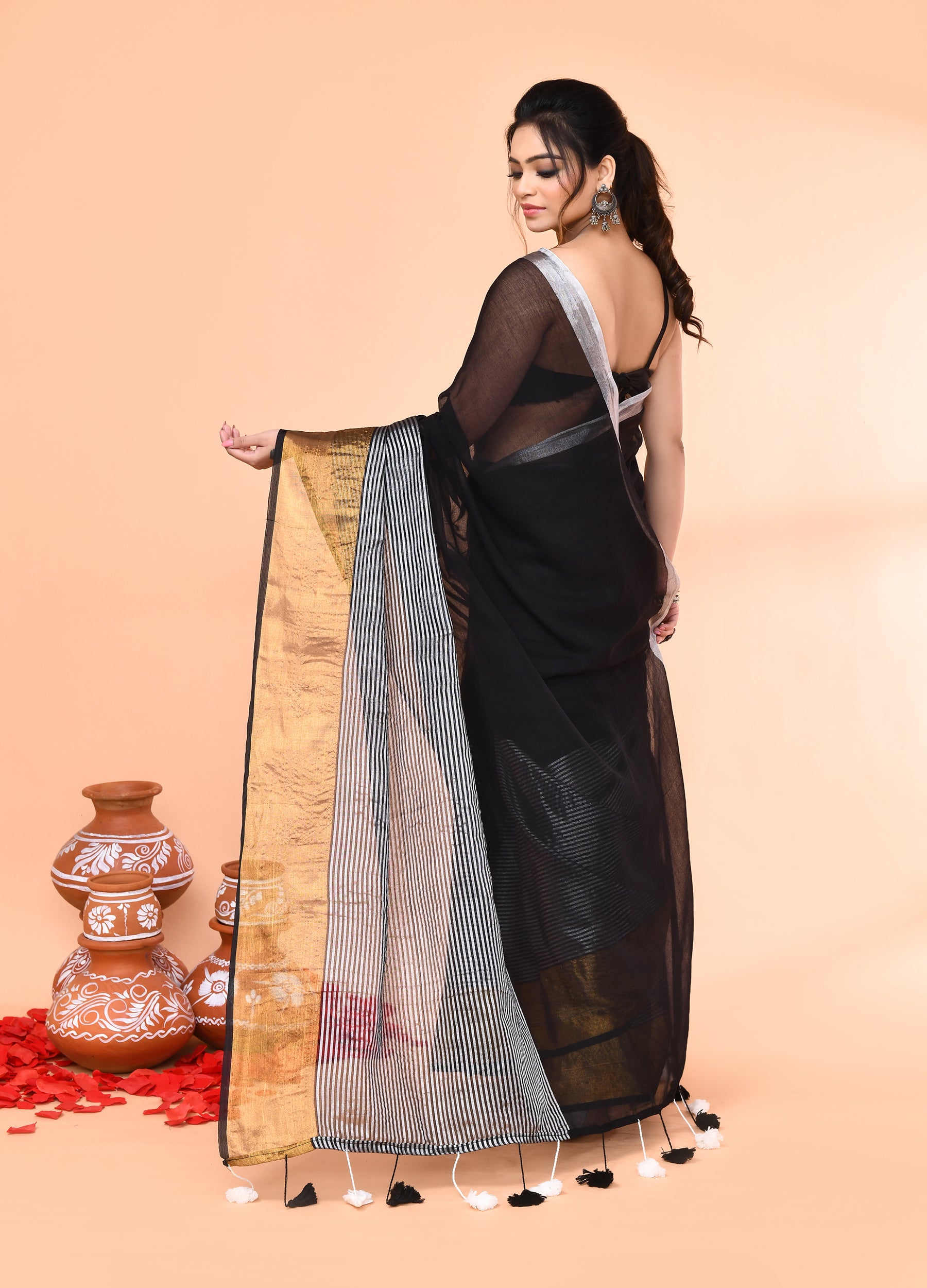 Piyari Fashion Women`s Black Cotton Handloom Saree With Gold Silver Zari Stripes