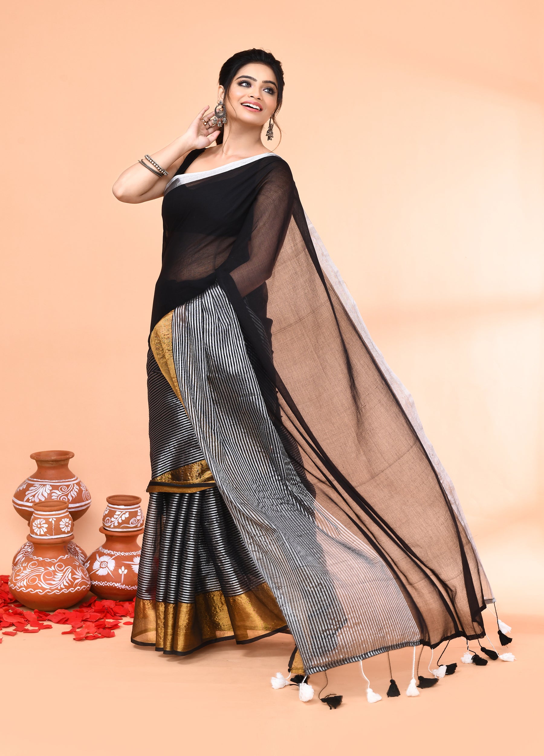Piyari Fashion Women`s Black Cotton Handloom Saree With Gold Silver Zari Stripes