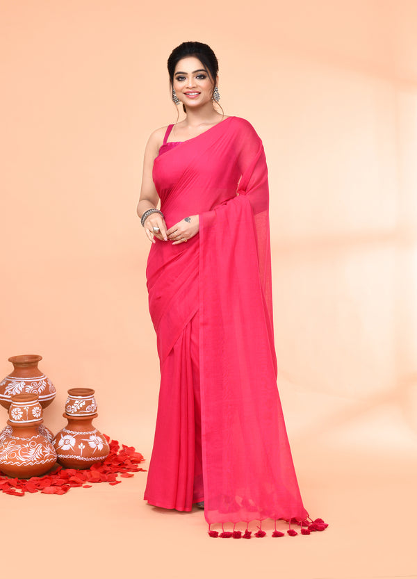 Piyari Fashion Pink Mulmul Cotton Saree With Tassels