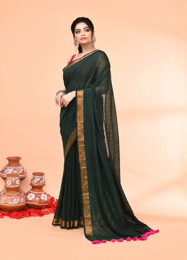 Piyari Fashion Women`s Cotton Handloom Dark Green Sequin Saree With Blouse