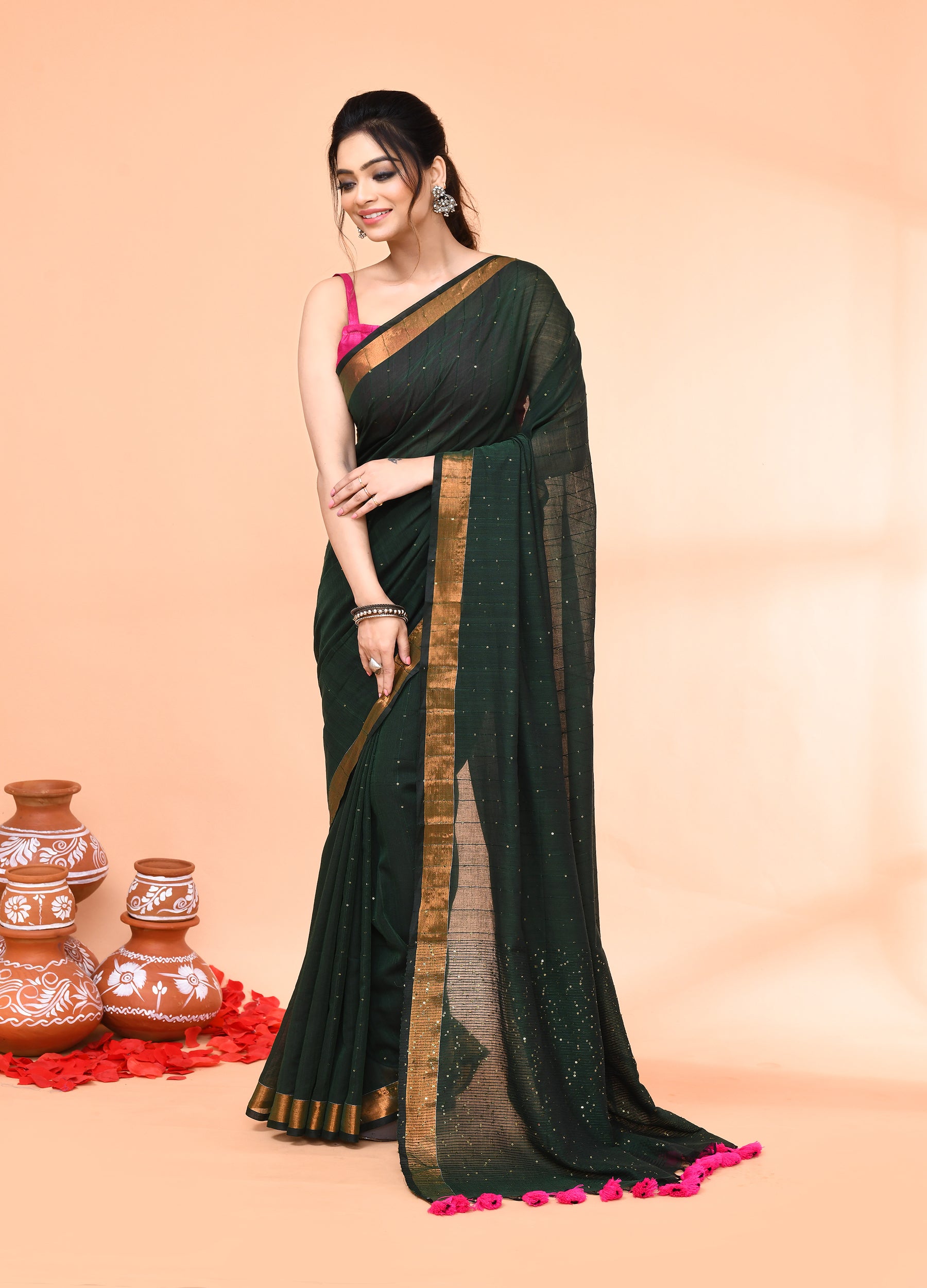 Piyari Fashion Women`s Cotton Handloom Dark Green Sequin Saree With Blouse