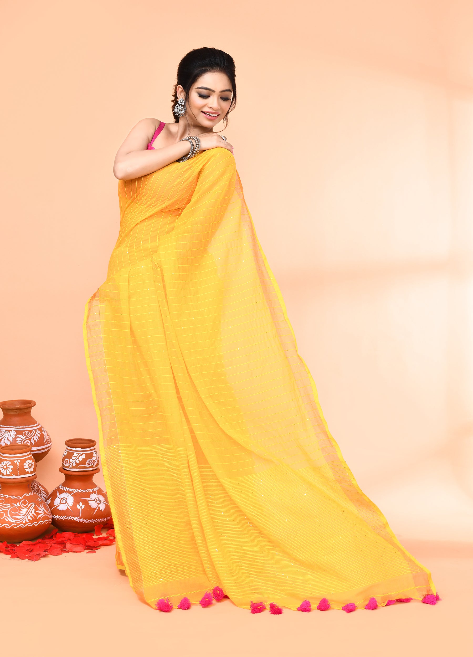 Piyari Fashion Women`s Cotton Handloom Yellow Sequin Saree With Blouse
