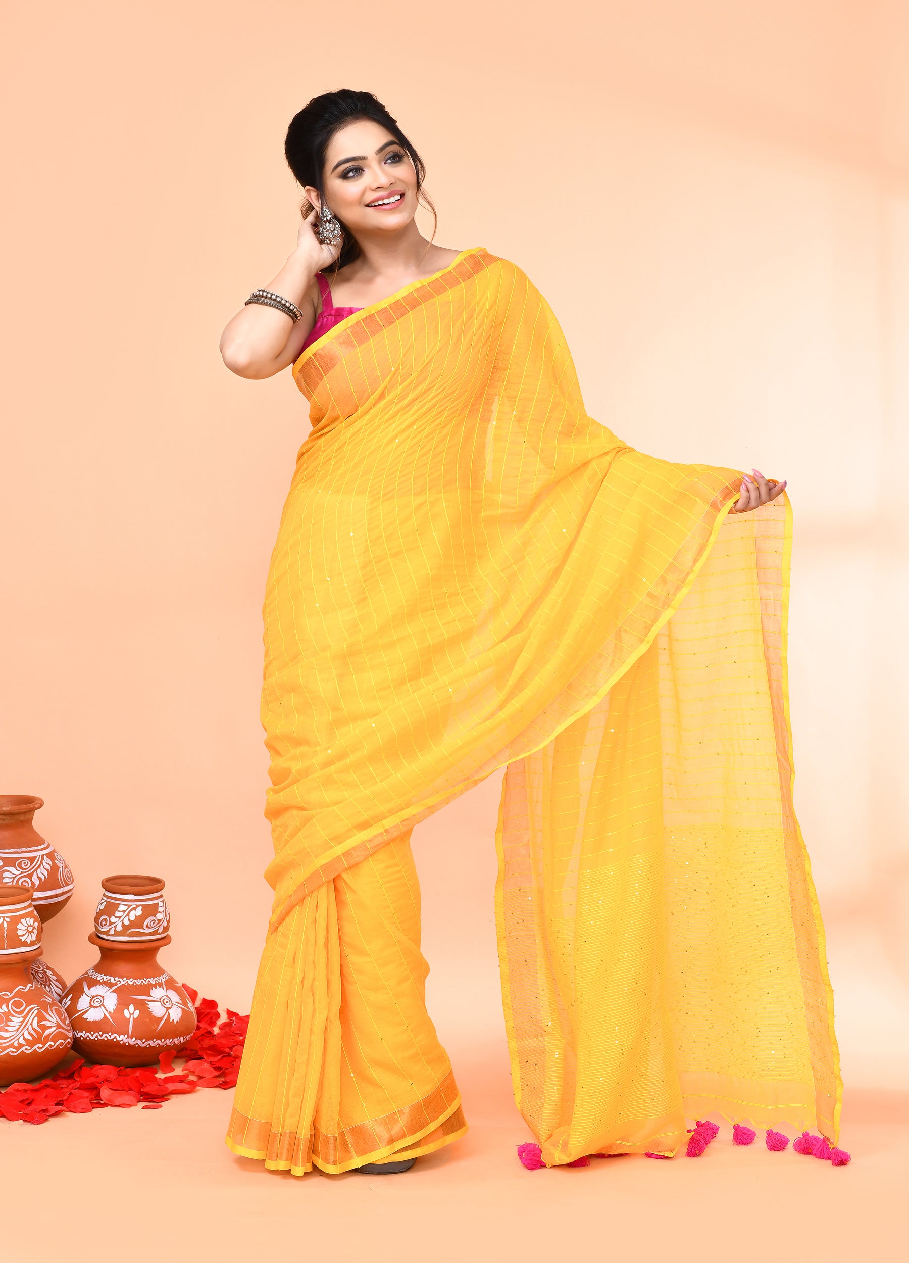 Piyari Fashion Women`s Cotton Handloom Yellow Sequin Saree With Blouse