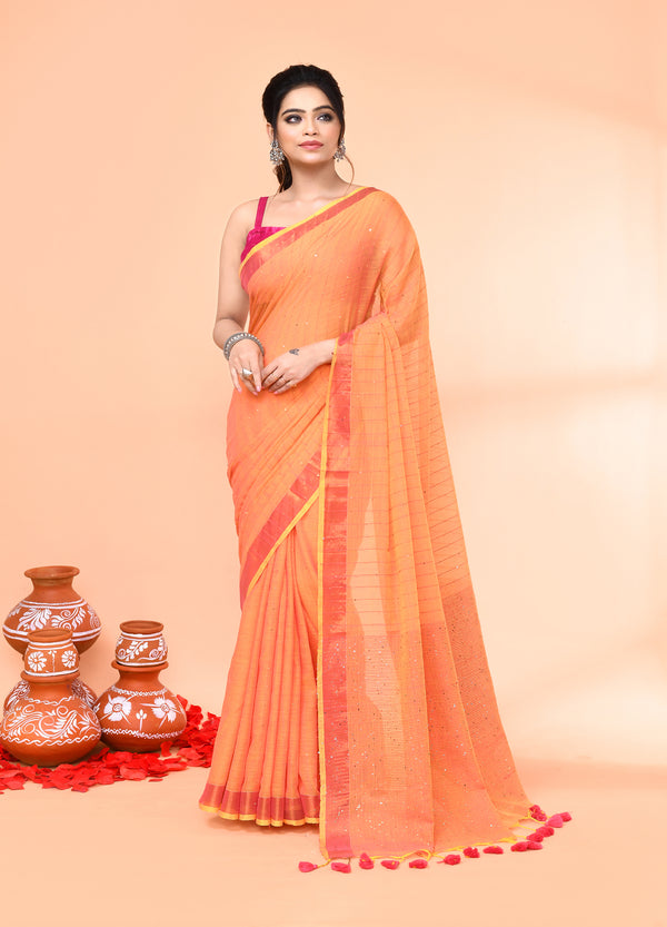 Piyari Fashion Women`s Cotton Handloom Pale Orange Sequin Saree With Blouse