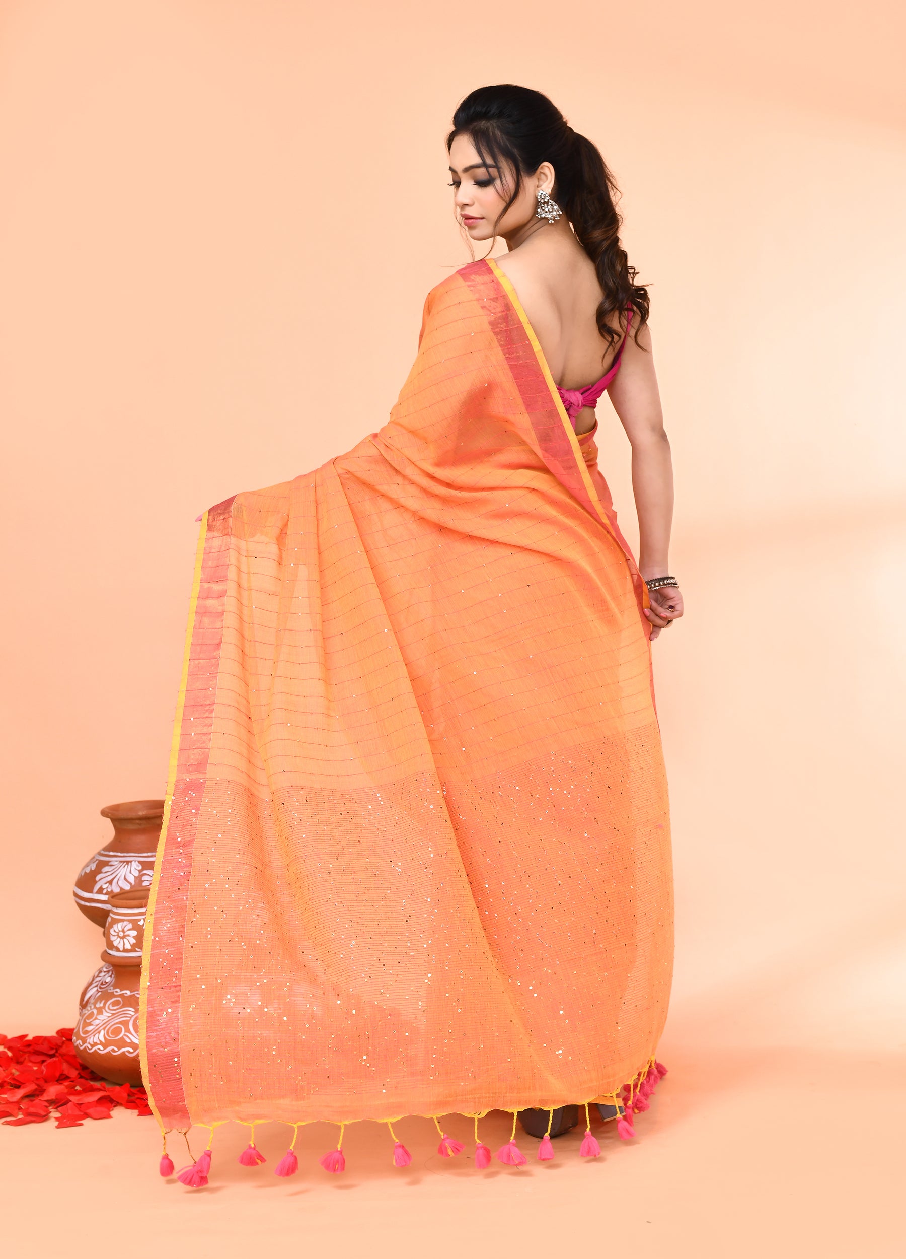 Piyari Fashion Women`s Cotton Handloom Pale Orange Sequin Saree With Blouse