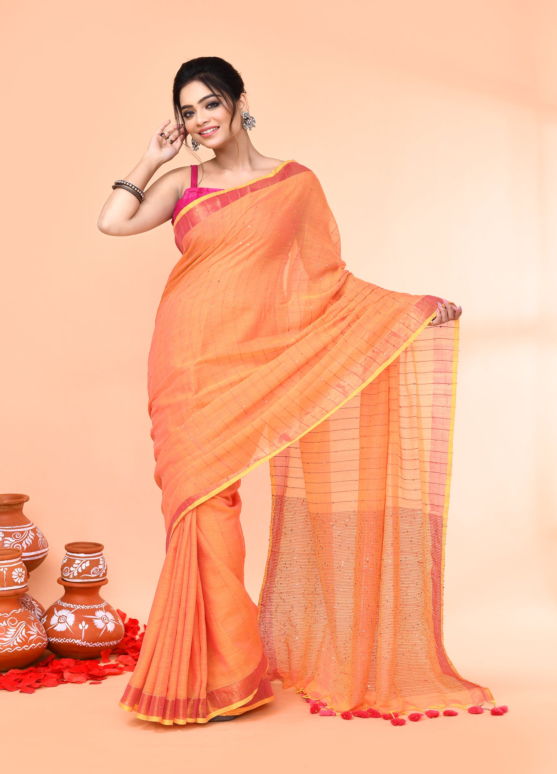 Piyari Fashion Women`s Cotton Handloom Pale Orange Sequin Saree With Blouse