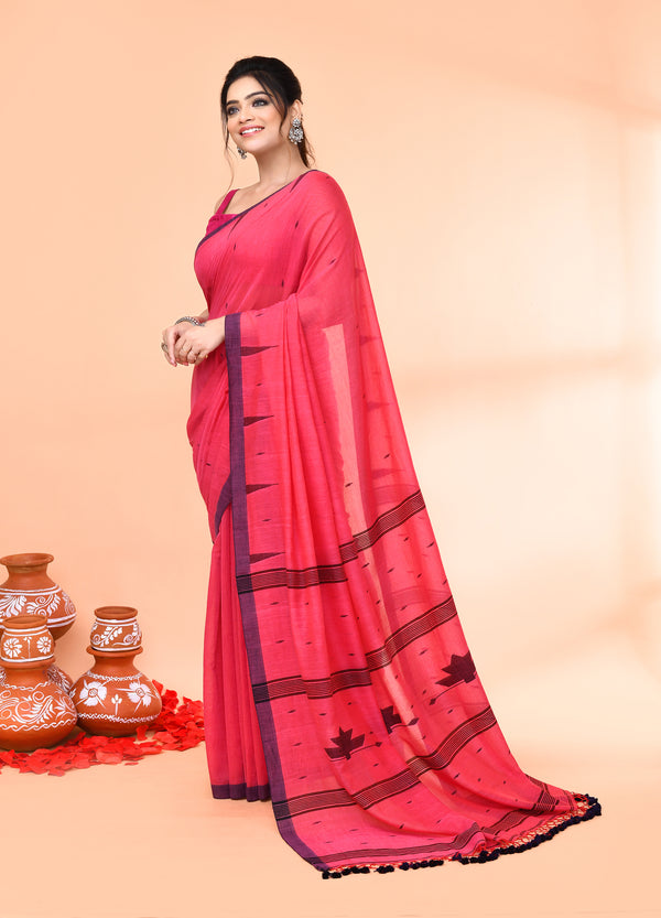 Piyari Fashion Women`s Pink Mul Cotton Handloom Jamdani Saree With Blouse
