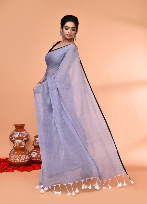 Piyari Fashion Grey Mulmul Cotton Saree With Tassels
