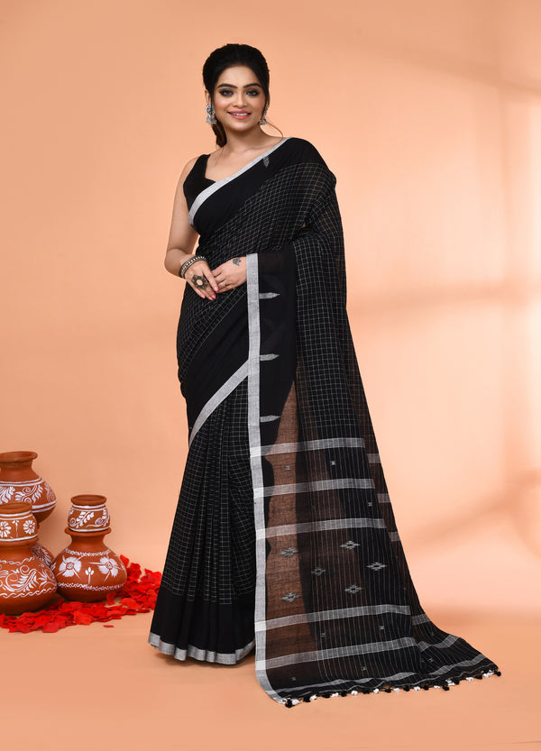 Piyari Fashion Women`s Black Mul Cotton Handloom Jamdani Saree With Blouse