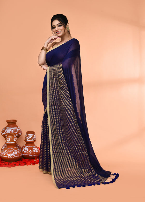 Piyari Fashion Women`s Blue Cotton Handloom Saree With Gold Zari Stripes