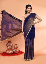 Thumbnail for Piyari Fashion Women`s Blue Cotton Handloom Saree With Gold Zari Stripes
