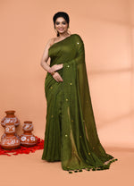 Thumbnail for Piyari Fashion Women`s Cotton Handloom Moss Green Sequin Saree With Blouse