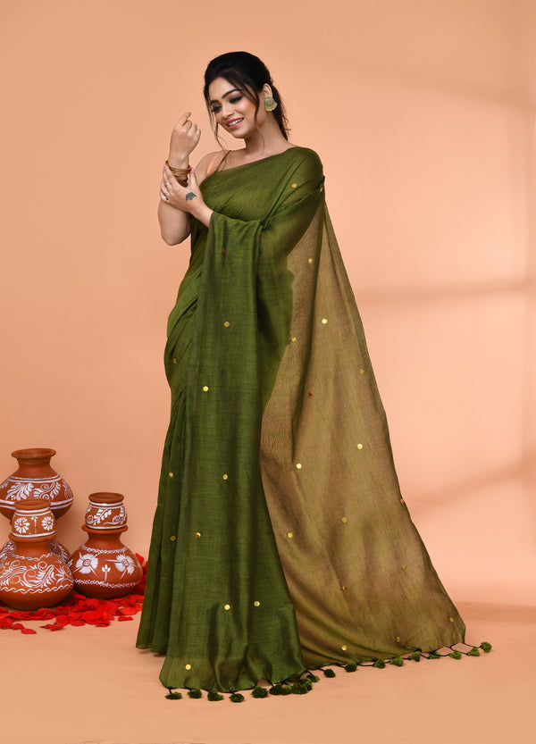 Piyari Fashion Women`s Cotton Handloom Moss Green Sequin Saree With Blouse