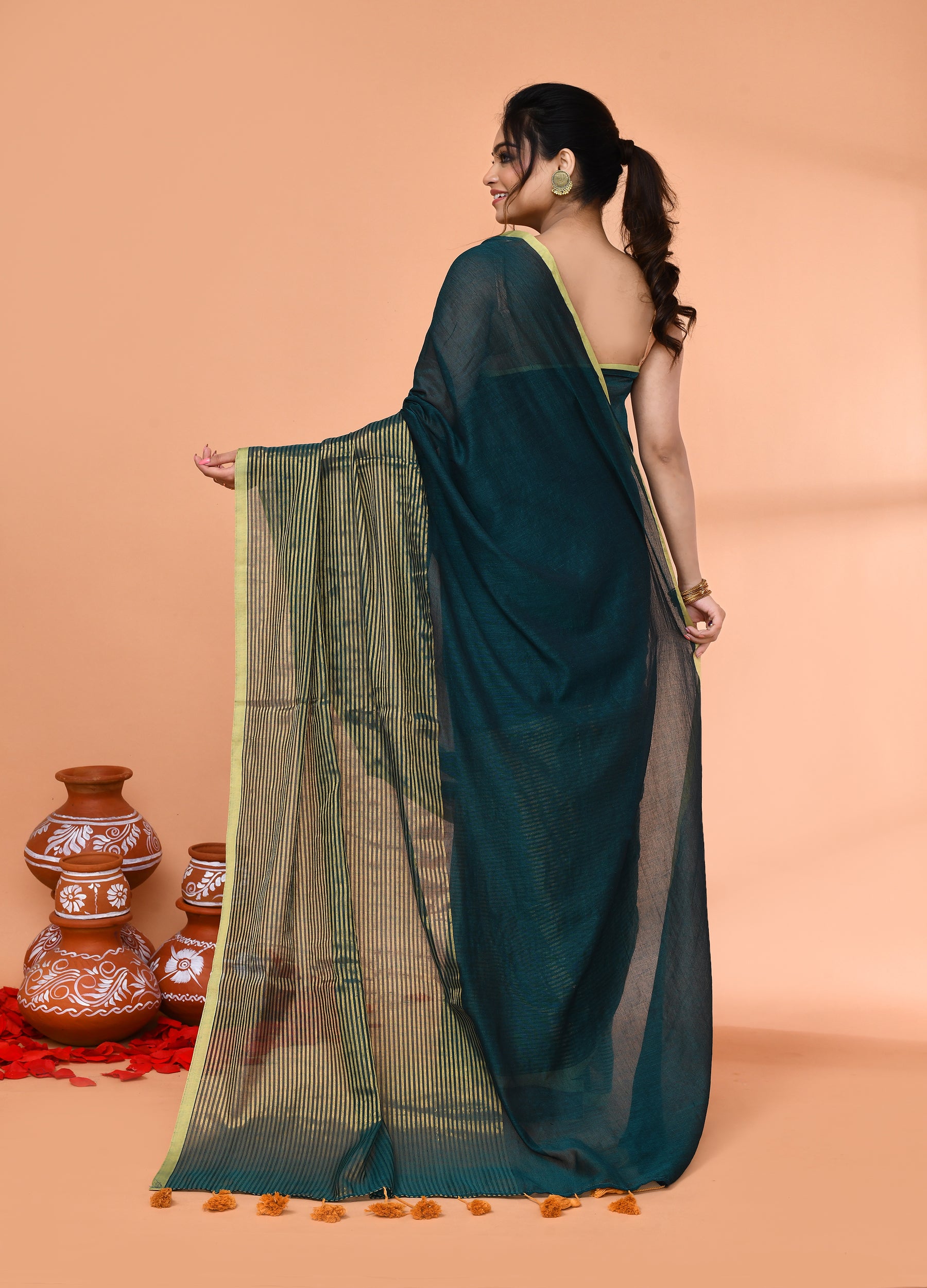 Piyari Fashion Women`s Teal Cotton Handloom Saree With Gold Zari Stripes