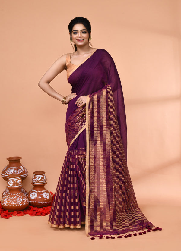 Piyari Fashion Women`s Magenta Cotton Handloom Saree With Gold Zari Stripes