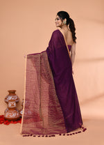 Thumbnail for Piyari Fashion Women`s Magenta Cotton Handloom Saree With Gold Zari Stripes