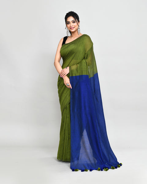 Piyari Fashion Handspun Cotton Moss Green Handloom Saree With Blouse