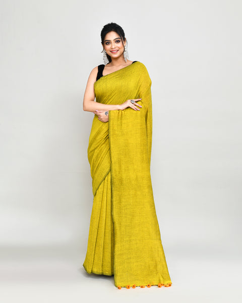 Piyari Fashion Handspun Cotton Lemon Handloom Saree With Blouse