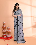 Thumbnail for Piyari Fashion Handspun Printed Cotton Silver Grey Handloom Saree With Blouse
