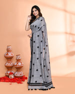 Thumbnail for Piyari Fashion Handspun Printed Cotton Silver Grey Handloom Saree With Blouse