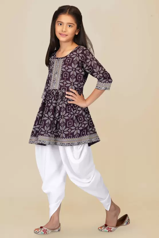Malishka Kids Girl Purple Cotton Kurta Dhoti Pant Set With Dupatta