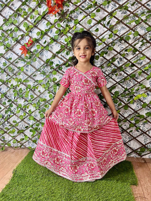 Malishka Kids Girl Pink Cotton Kurta With Lehenga