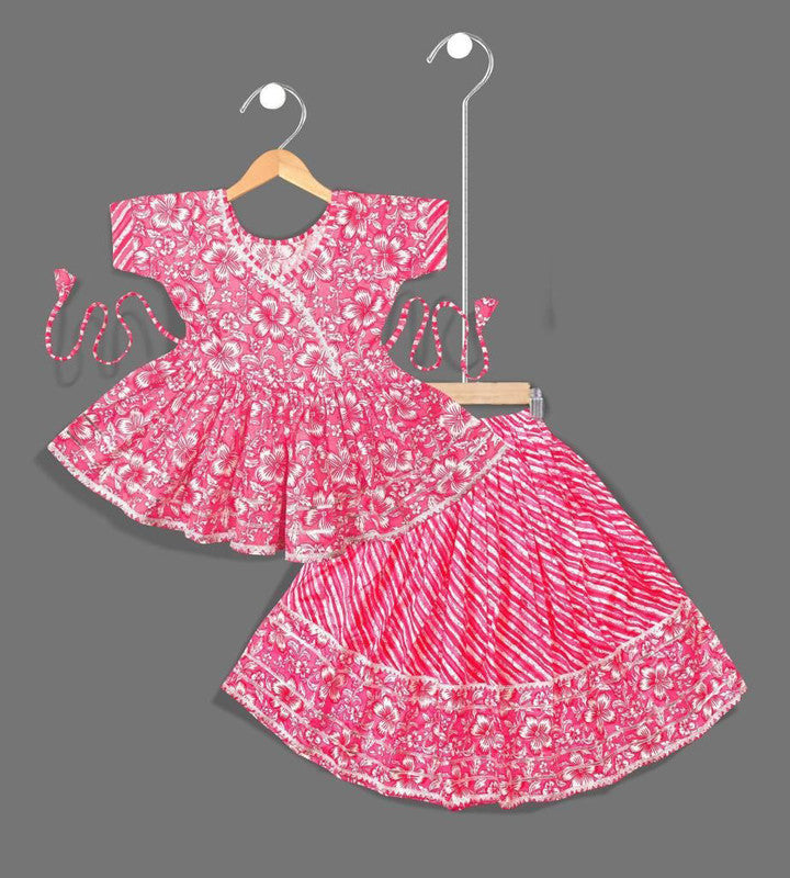 Malishka Kids Girl Pink Cotton Kurta With Lehenga