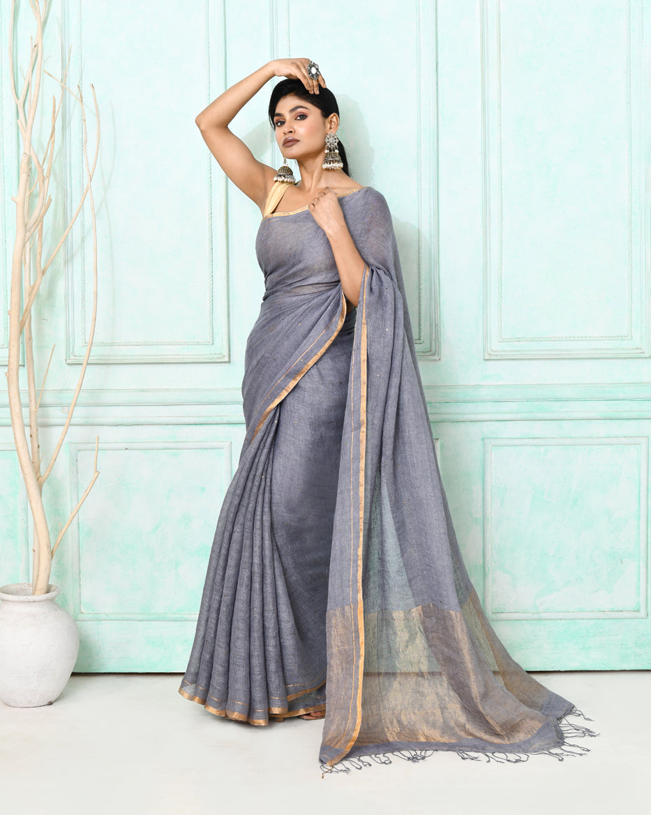 Piyari Fashion Women's Dim Gray Handloom Linen Sequin Saree With Blouse