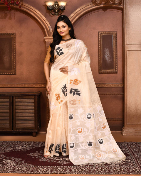 Piyari Fashion Off White Tussar Silk Jamdani Saree With Blouse Piece