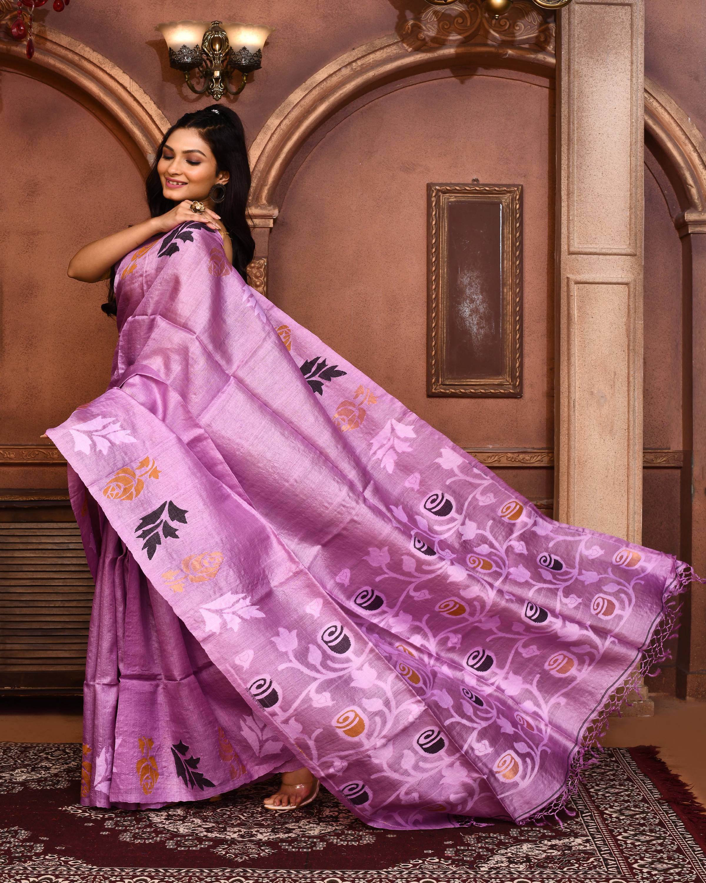 Piyari Fashion Purple Tussar Silk Jamdani Saree With Blouse Piece